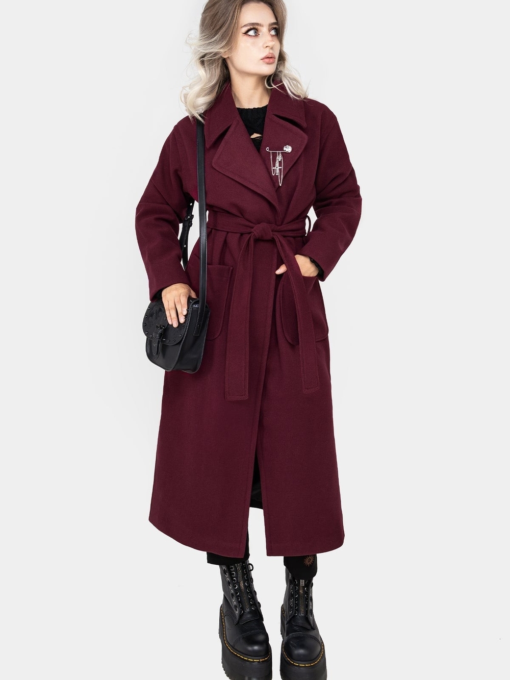 Disturbia Meltdown Long Belted Trench Coat in Wine
